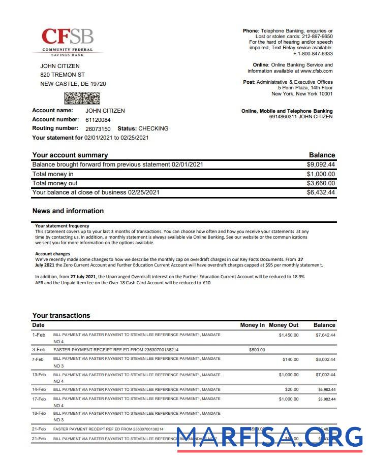 Downloadable USA New York CFSB bank statement excel real example